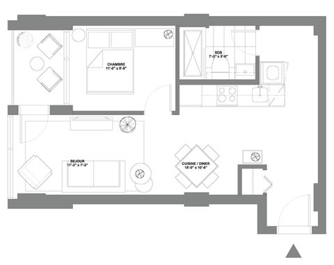Floor plan for 1 bed, 1 bath, 485 sqft